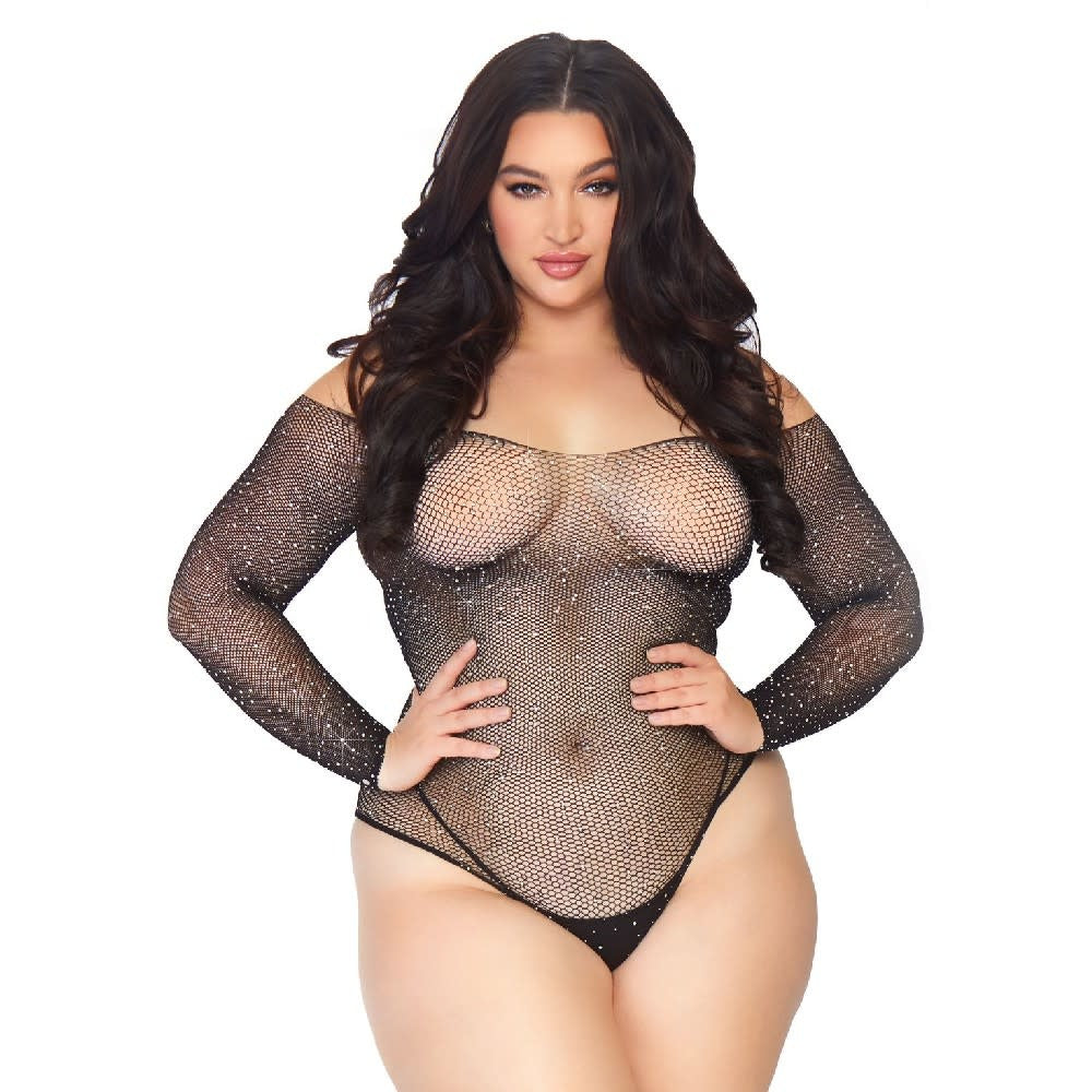 Crystalized Long Sleeve Fishnet Bodysuit Black - Curvy