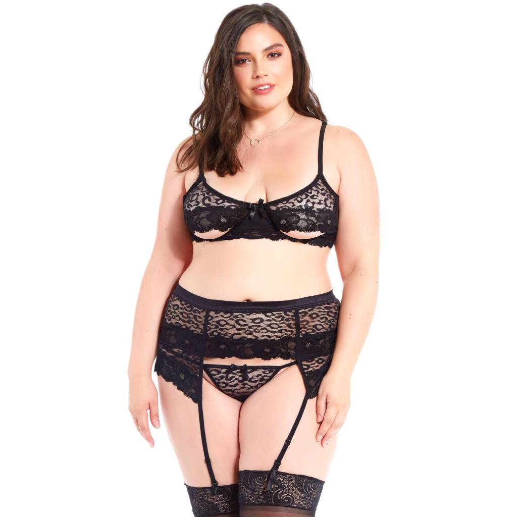 Leopard Mesh and Lace Bra Set - Curvy