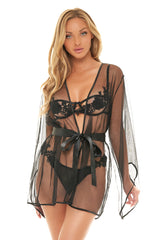 Mesh Long Sleeve Robe with Back Floral Embroidery