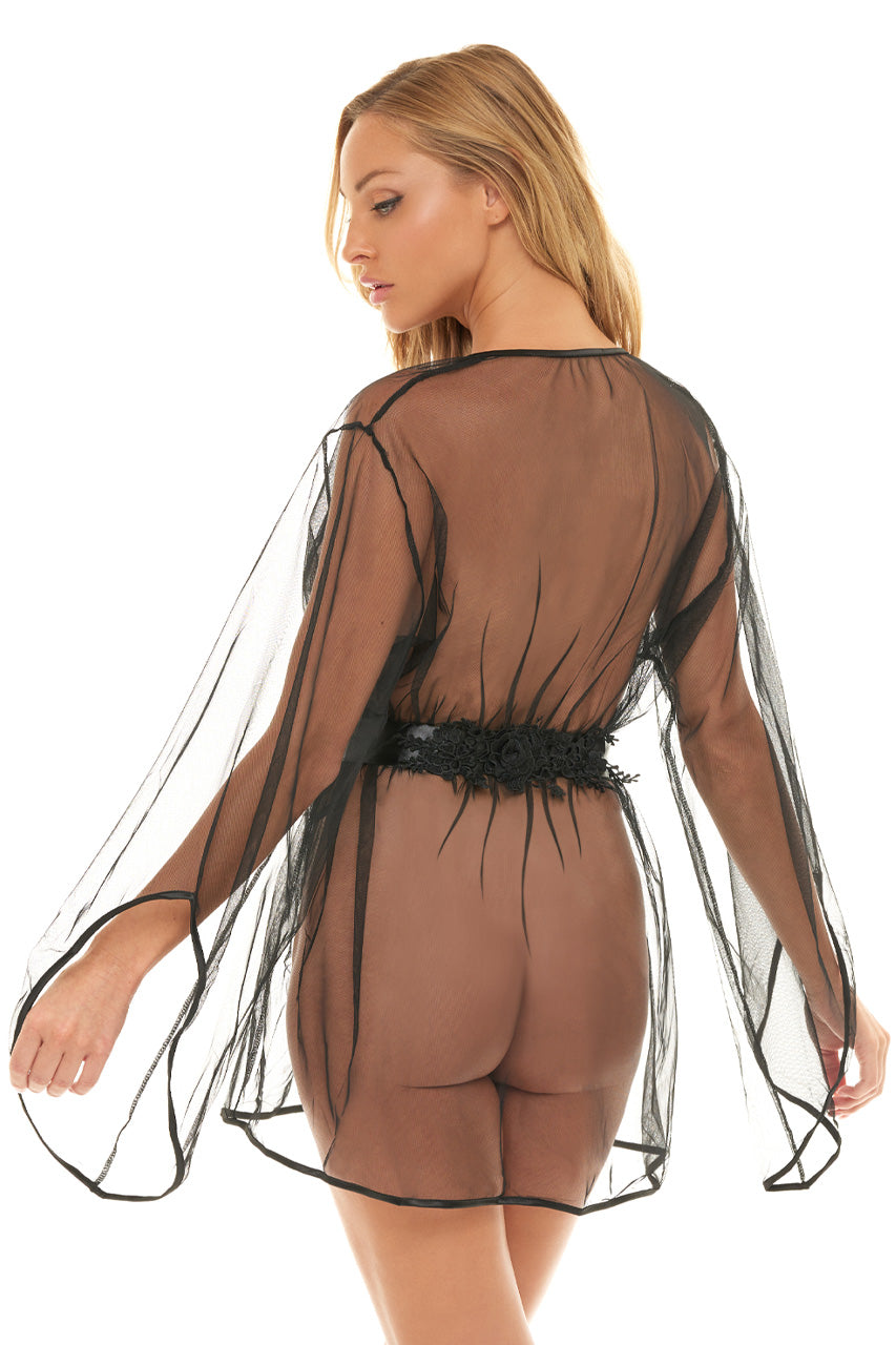 Mesh Long Sleeve Robe with Back Floral Embroidery
