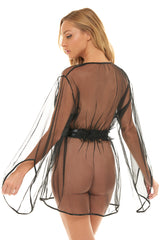 Mesh Long Sleeve Robe with Back Floral Embroidery
