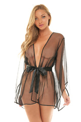 Mesh Long Sleeve Robe with Back Floral Embroidery