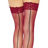 Burgundy Stay-Up Lace Top Backseam Fishnet Thigh Highs