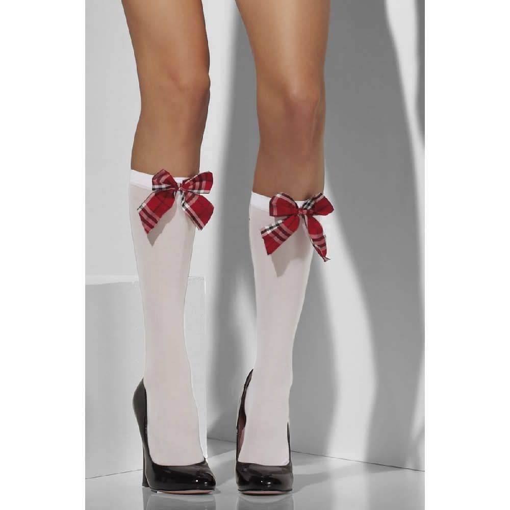 Opaque Knee High Socks - White With Tartan Bow