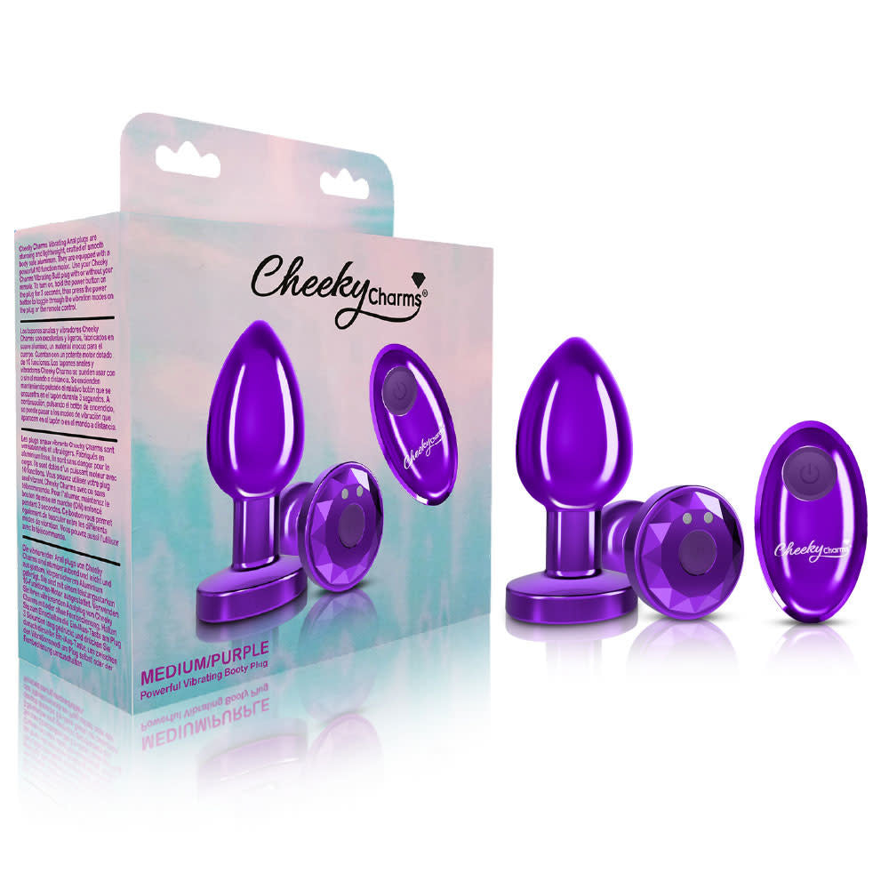 Cheeky Charms - Rechargeable Vibrating Metal Butt Plug W/Remote Control - Purple - Medium