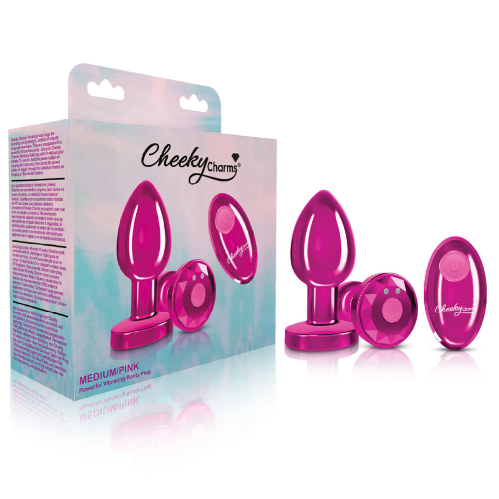 Cheeky Charms - Rechargeable Vibrating Metal Butt Plug W/Remote Control - Pink - Medium