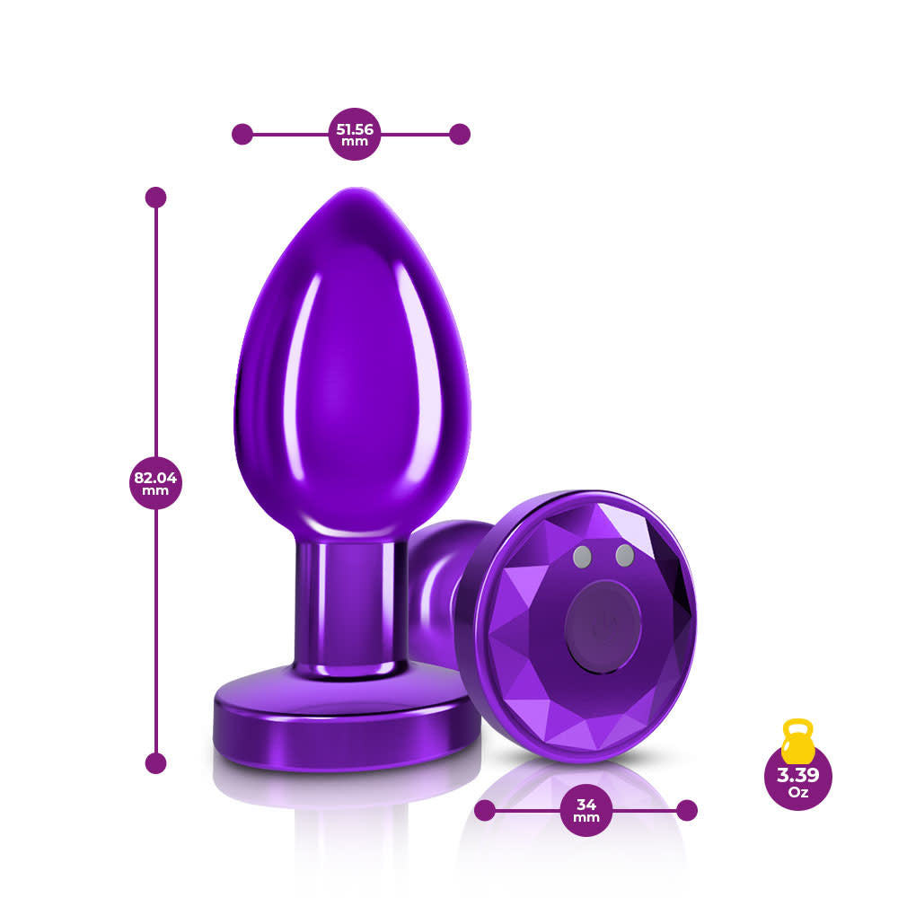 Cheeky Charms - Rechargeable Vibrating Metal Butt Plug W/Remote Control - Purple - Medium