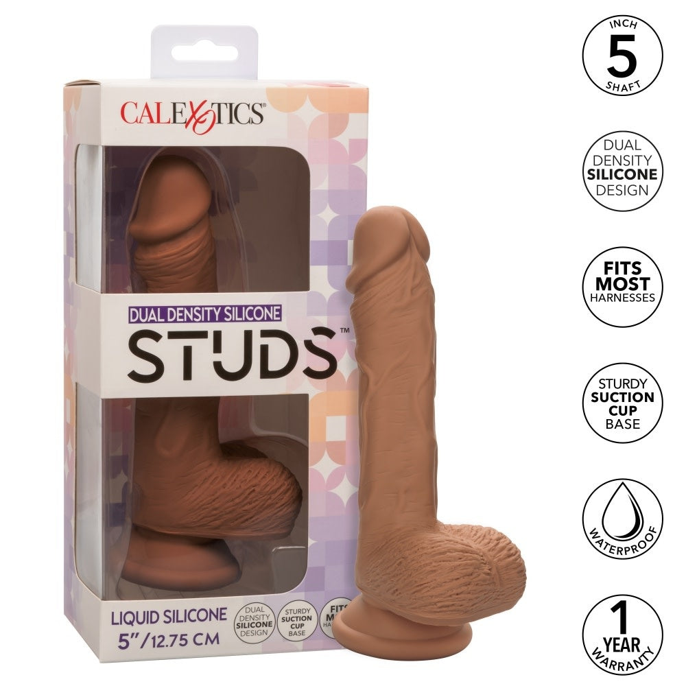 Silicone Studs Dual Density Dong 5" Brown