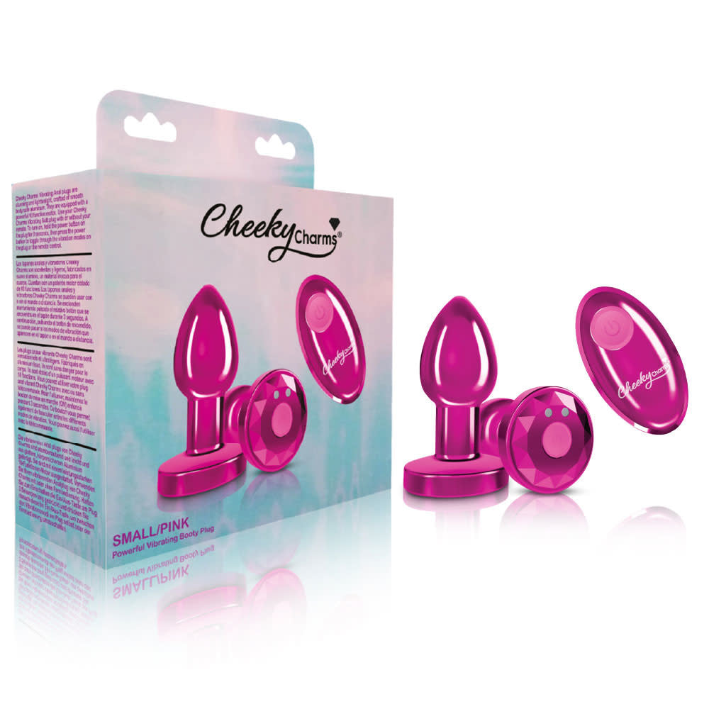 Cheeky Charms - Rechargeable Vibrating Metal Butt Plug W/Remote Control - Pink - Small