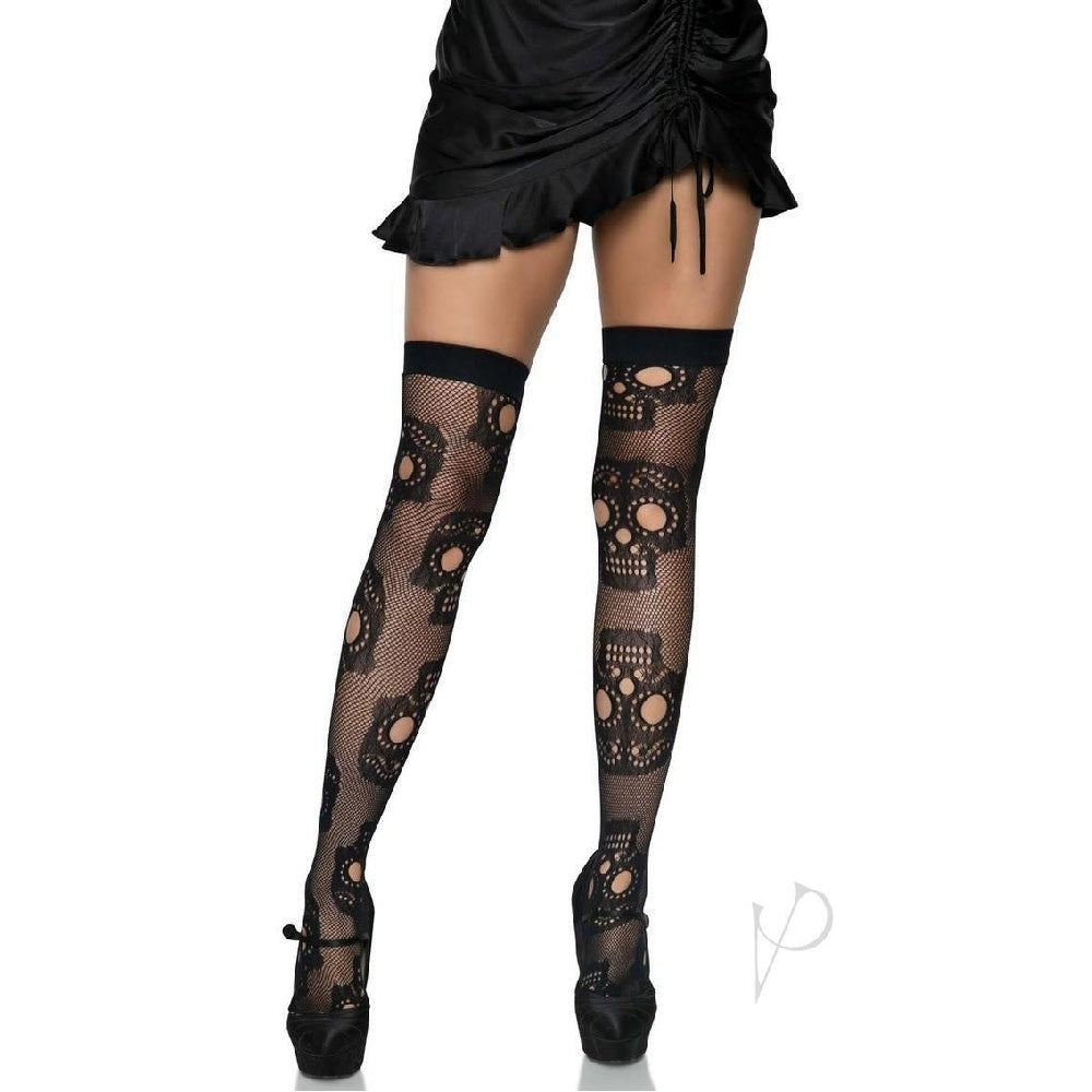 Black Sugar Skull Net Cutout Thigh Highs - One Size Fits Most