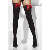 Opaque Thigh High Stay-Up With Red Bow - Black