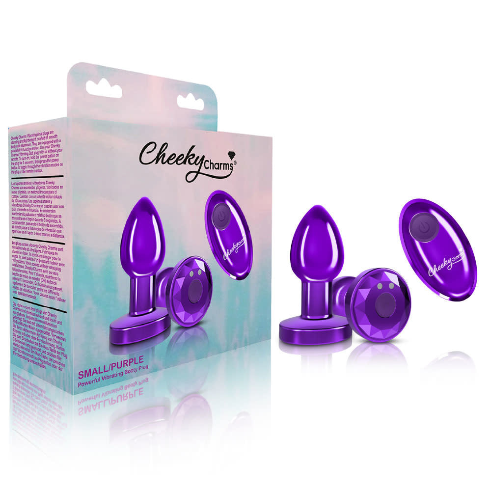 Cheeky Charms - Rechargeable Vibrating Metal Butt Plug W/Remote Control - Purple - Small