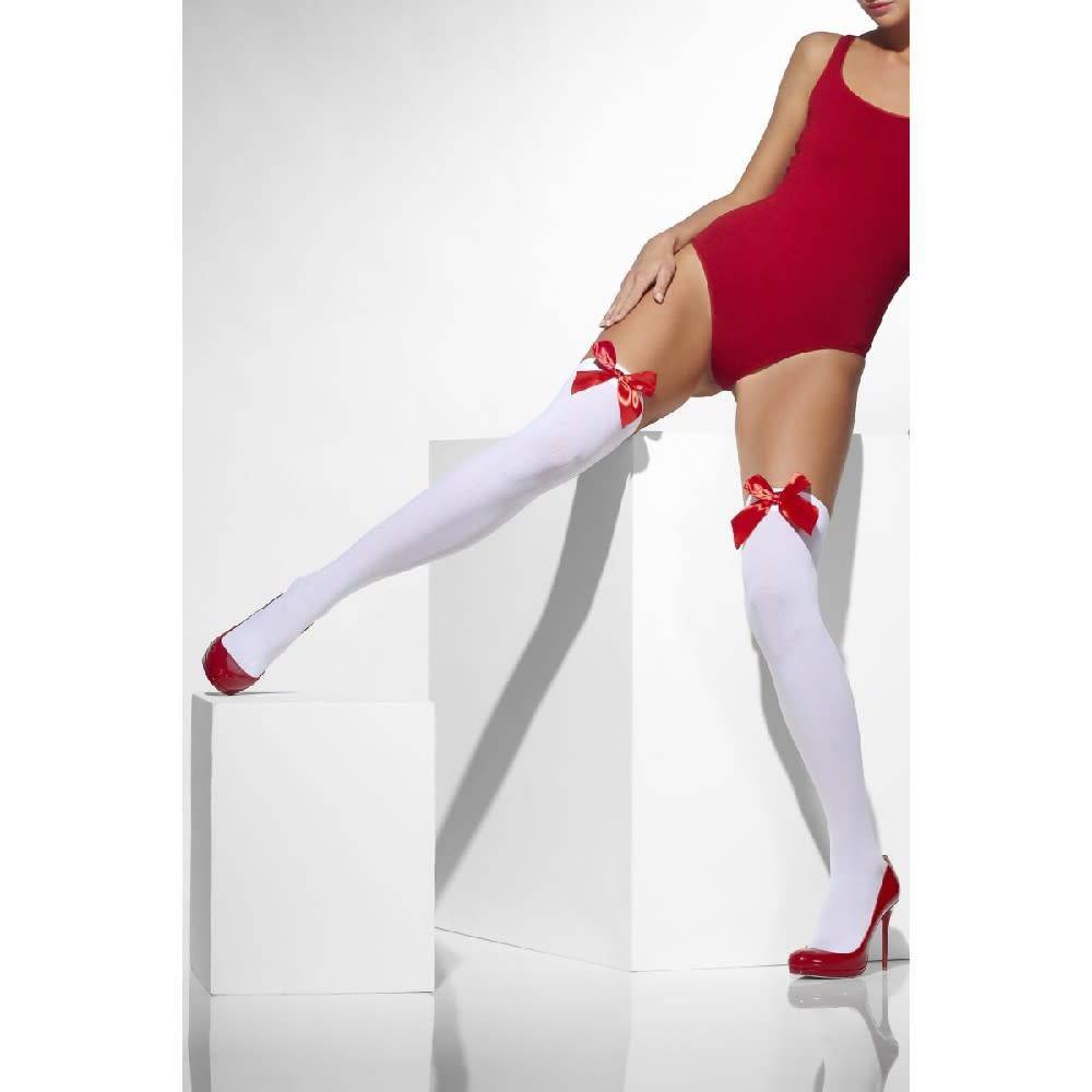 Thigh High Stay-Ups With Red Bow - White