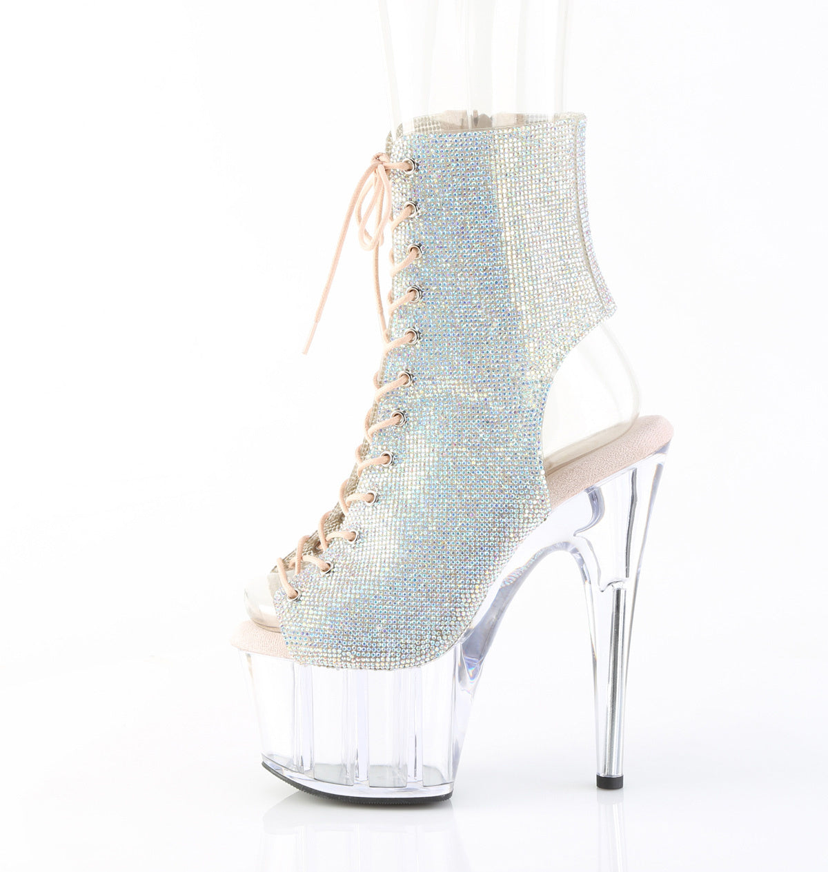 7" Open Toe/Heel Rose Gold Rhinestone Clear Heel Ankle Boot