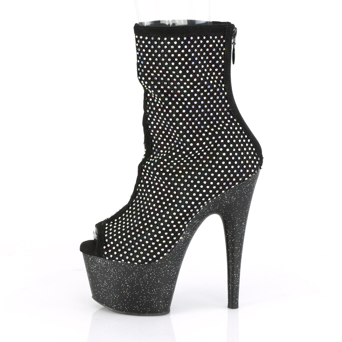 7" Black Rhinestone Mesh Overlay Sparkle Platform Peep Toe Ankle Boot