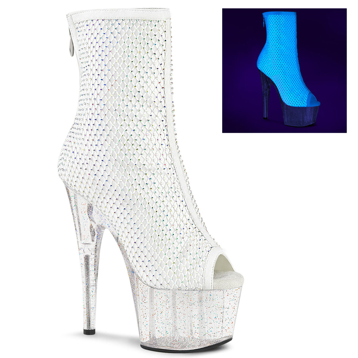 7" White Rhinestone Mesh Overlay Sparkle Platform Peep Toe Ankle Boot