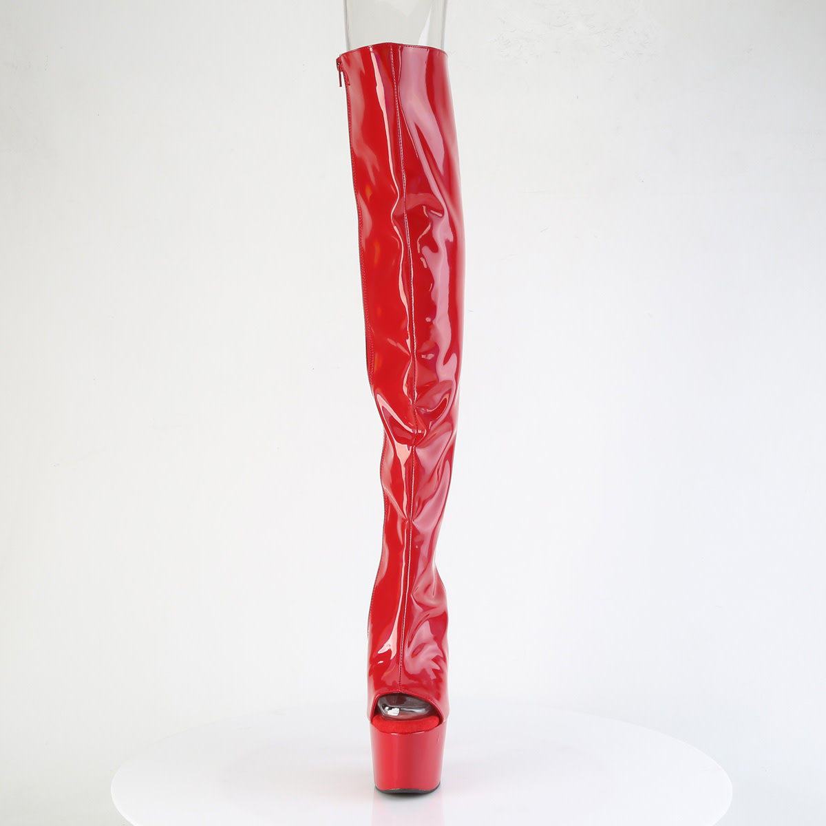 ADO3019HWR 7" Red Patent Open Toe/Heel Holographic Thigh High Boot