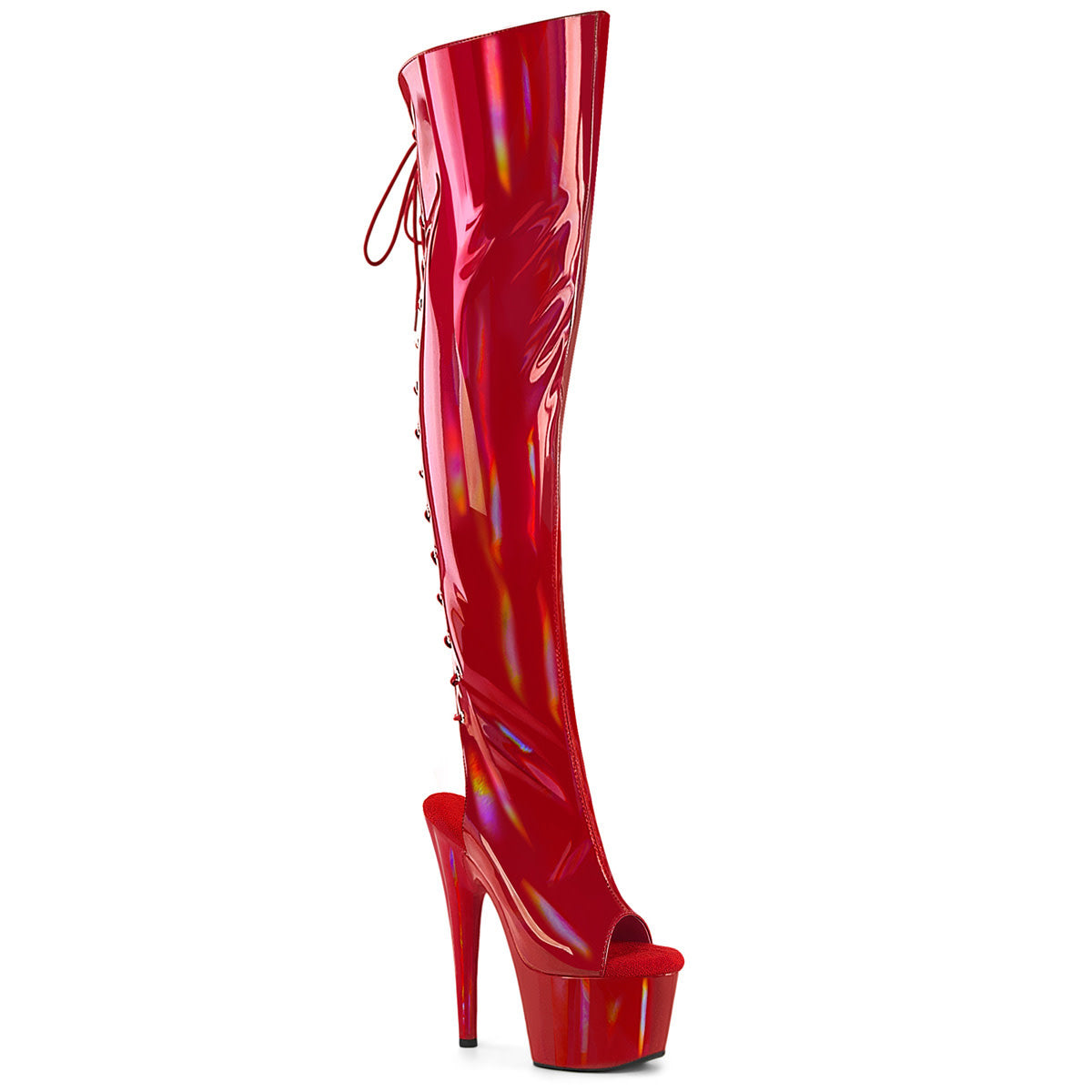 ADO3019HWR 7" Red Patent Open Toe/Heel Holographic Thigh High Boot