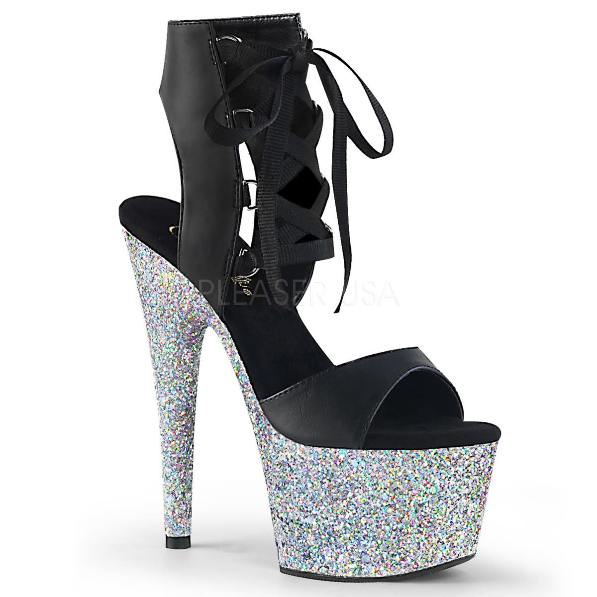 Ankle Strap Platform with 7" Silver Glitter Heel