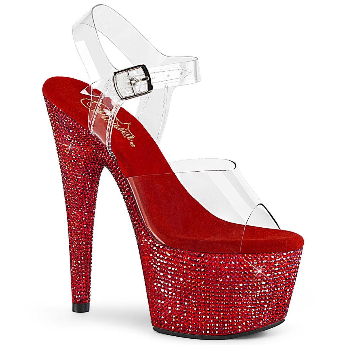 7" Clear Ankle Strap Heel with Red Rhinestone Platform