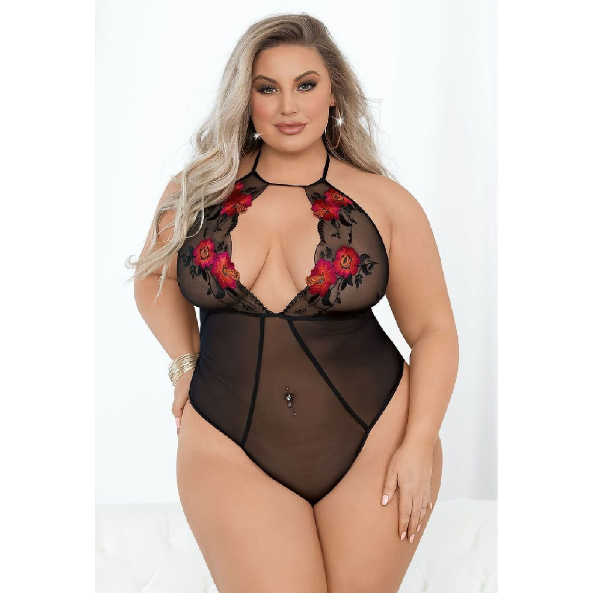 Rose Appliqué Keyhole Teddy - Curvy