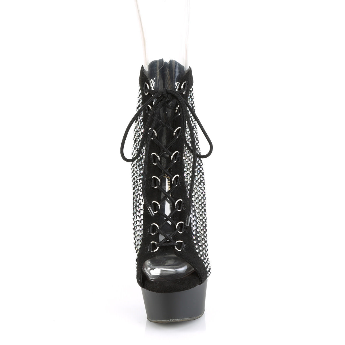 6" Fishnet and Rhinestone Lace-Up Front Ankle Boot