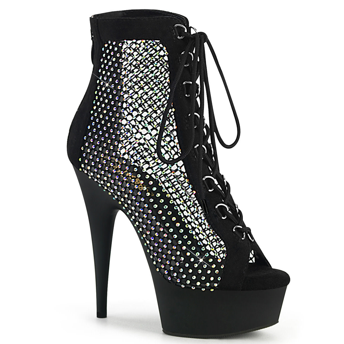 6" Fishnet and Rhinestone Lace-Up Front Ankle Boot