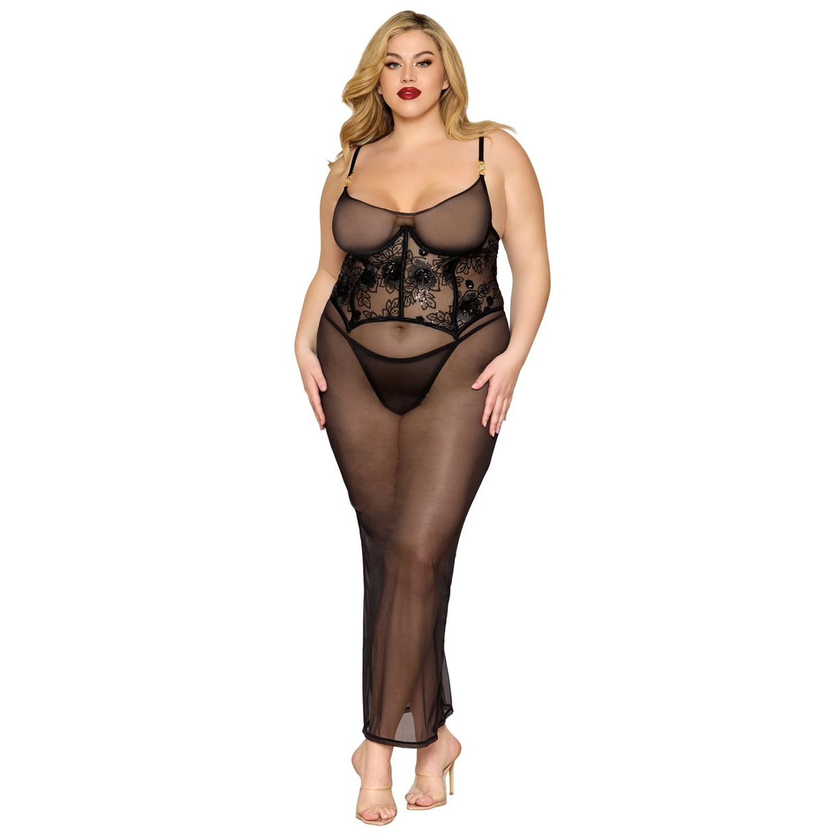 Sheer Stretch Mesh Gartered Corset Gown - Curvy