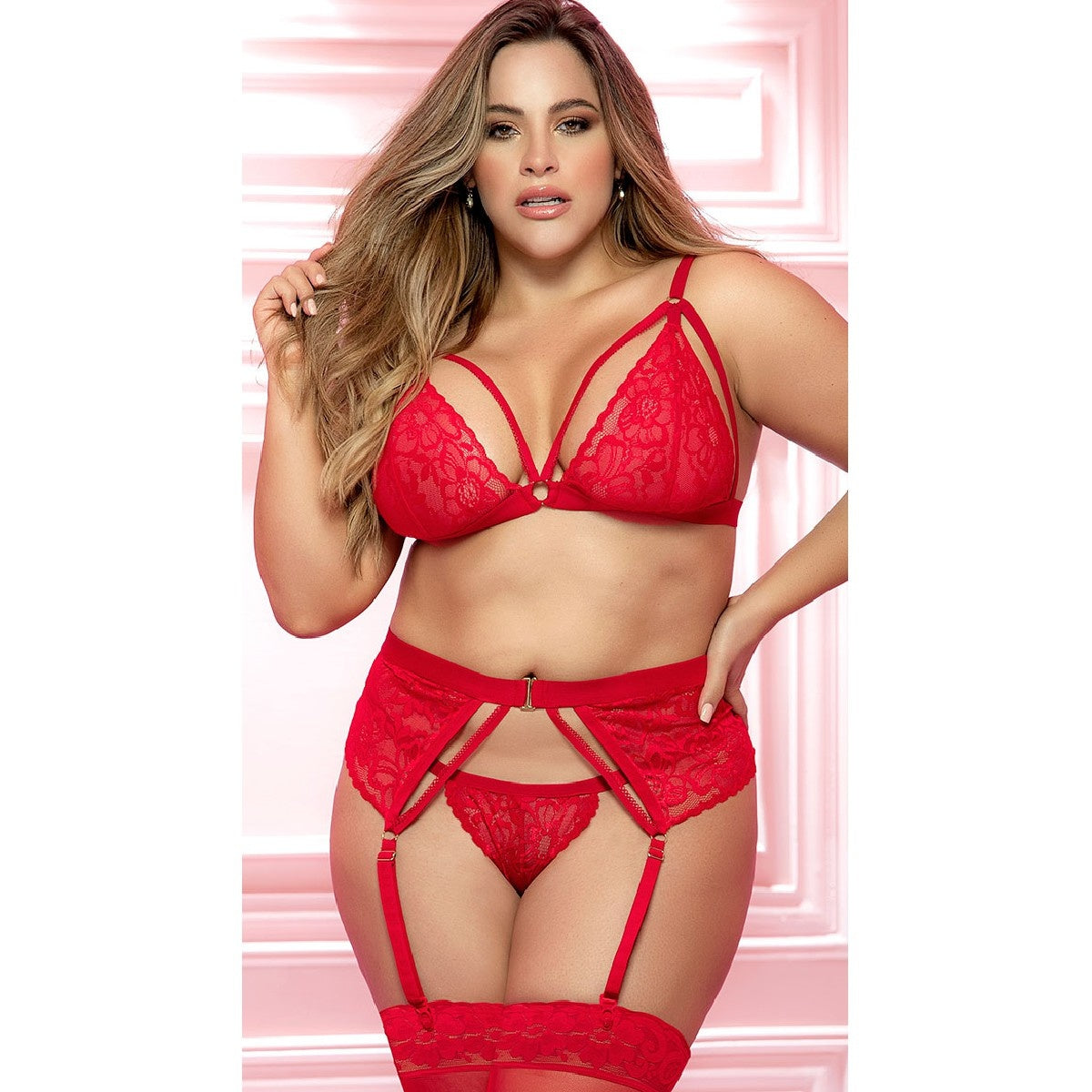 Red Soft Cup Three Piece Bra Set - Curvy