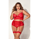 Red Sheer Mesh and Stripes Gartered Two Piece Set - Curvy