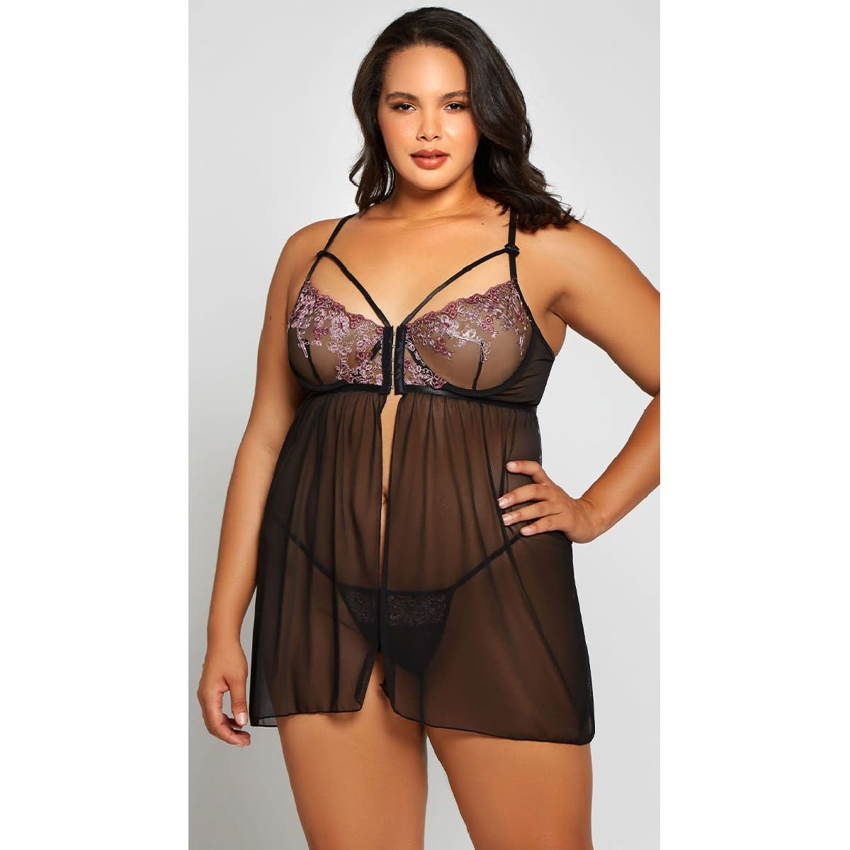 Floral Embroidery Flyaway Babydoll - Curvy