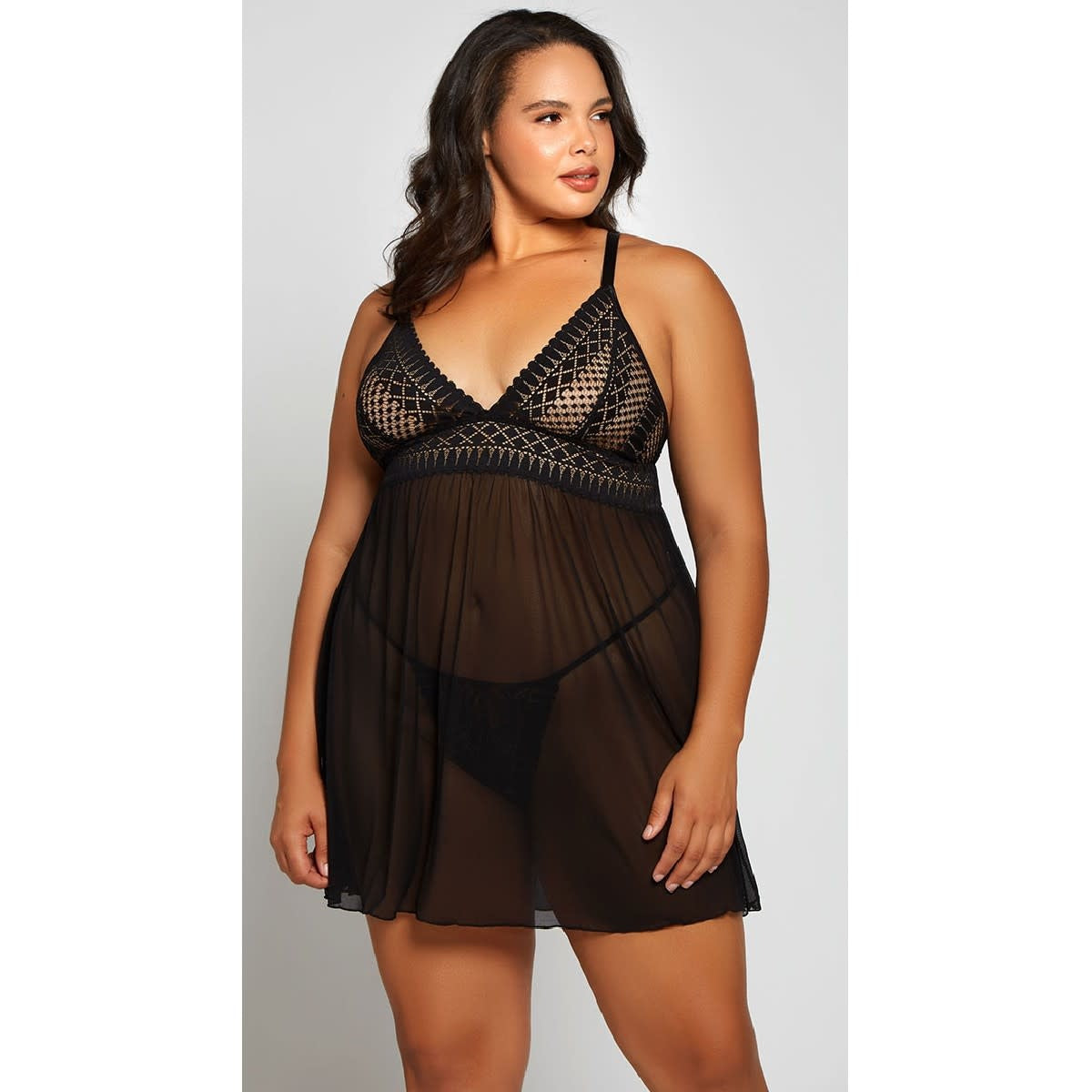 Geometric Lace and Mesh Babydoll - Curvy