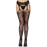 Floral Lace Garter Belt and Attached Stockings Set - One Size Fits Most