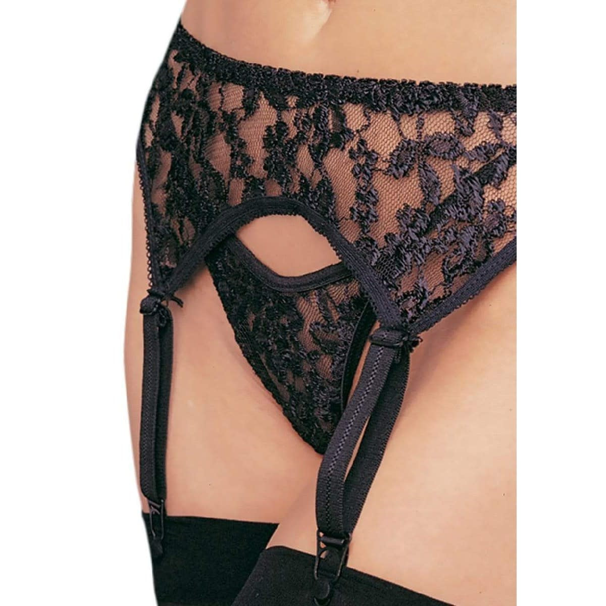 Embroidered Floral Lace and Mesh Garter Belt and Thong Set - One Size Fits Most