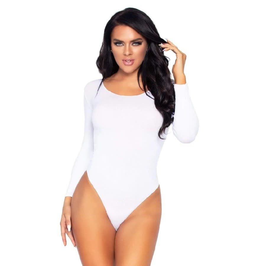 Scoop Neck Long Sleeve Opaque Bodysuit - One Size Fits Most