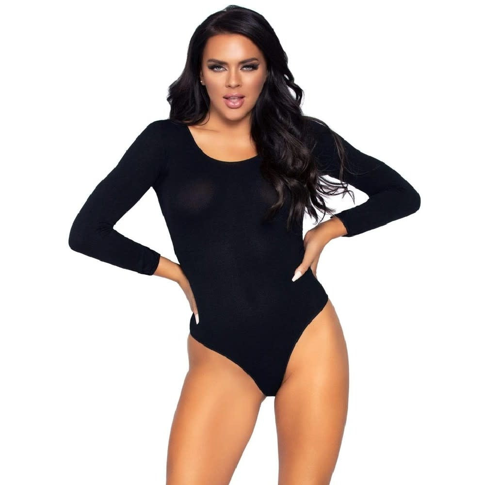 Scoop Neck Long Sleeve Opaque Bodysuit - One Size Fits Most