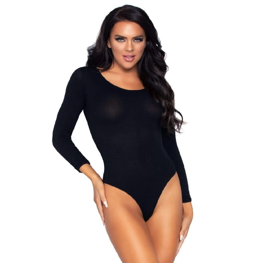 Scoop Neck Long Sleeve Opaque Bodysuit - One Size Fits Most