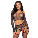 Rhinestone Fishnet Crop Top Garter Set