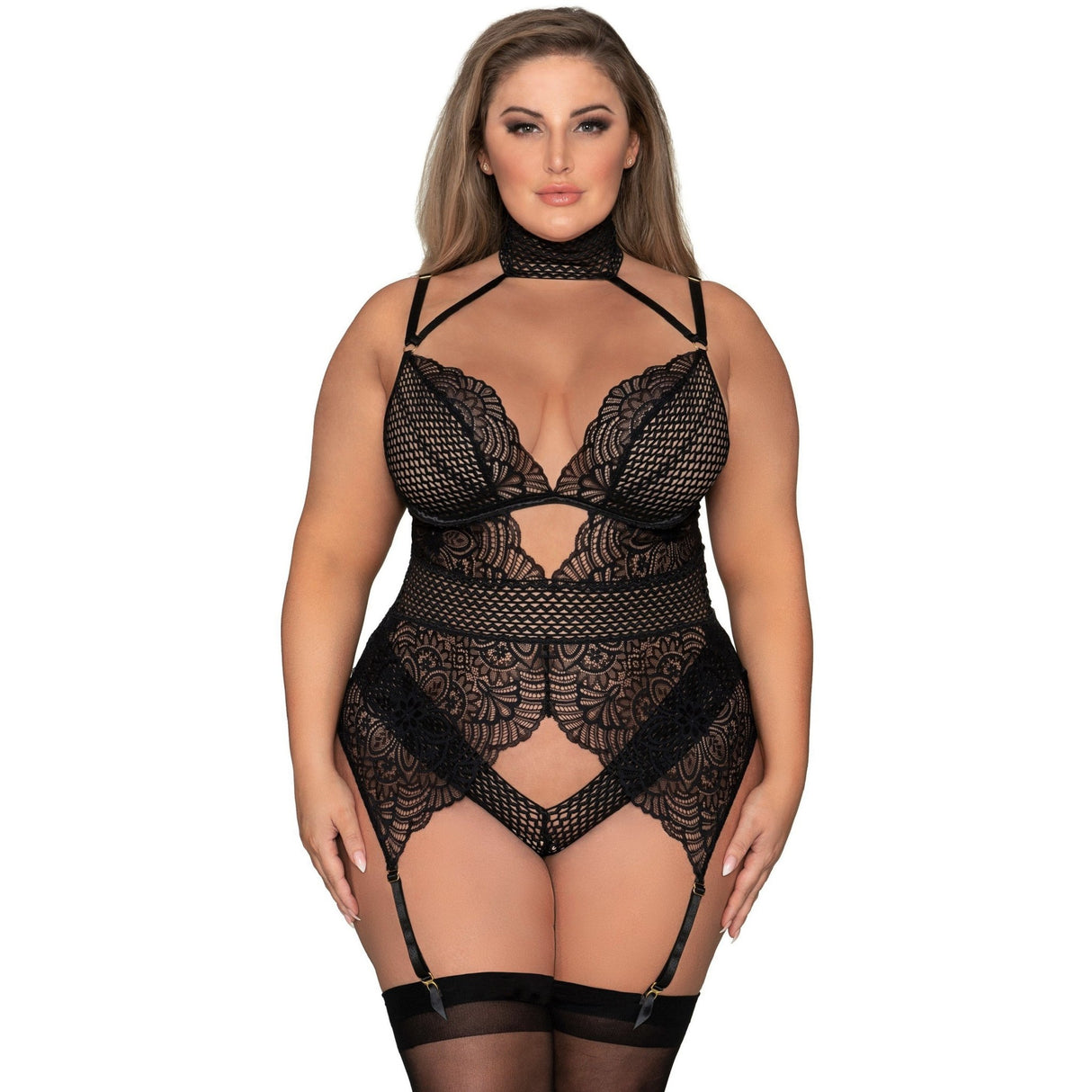 Scalloped Stretch Lace Gartered Teddy - Curvy