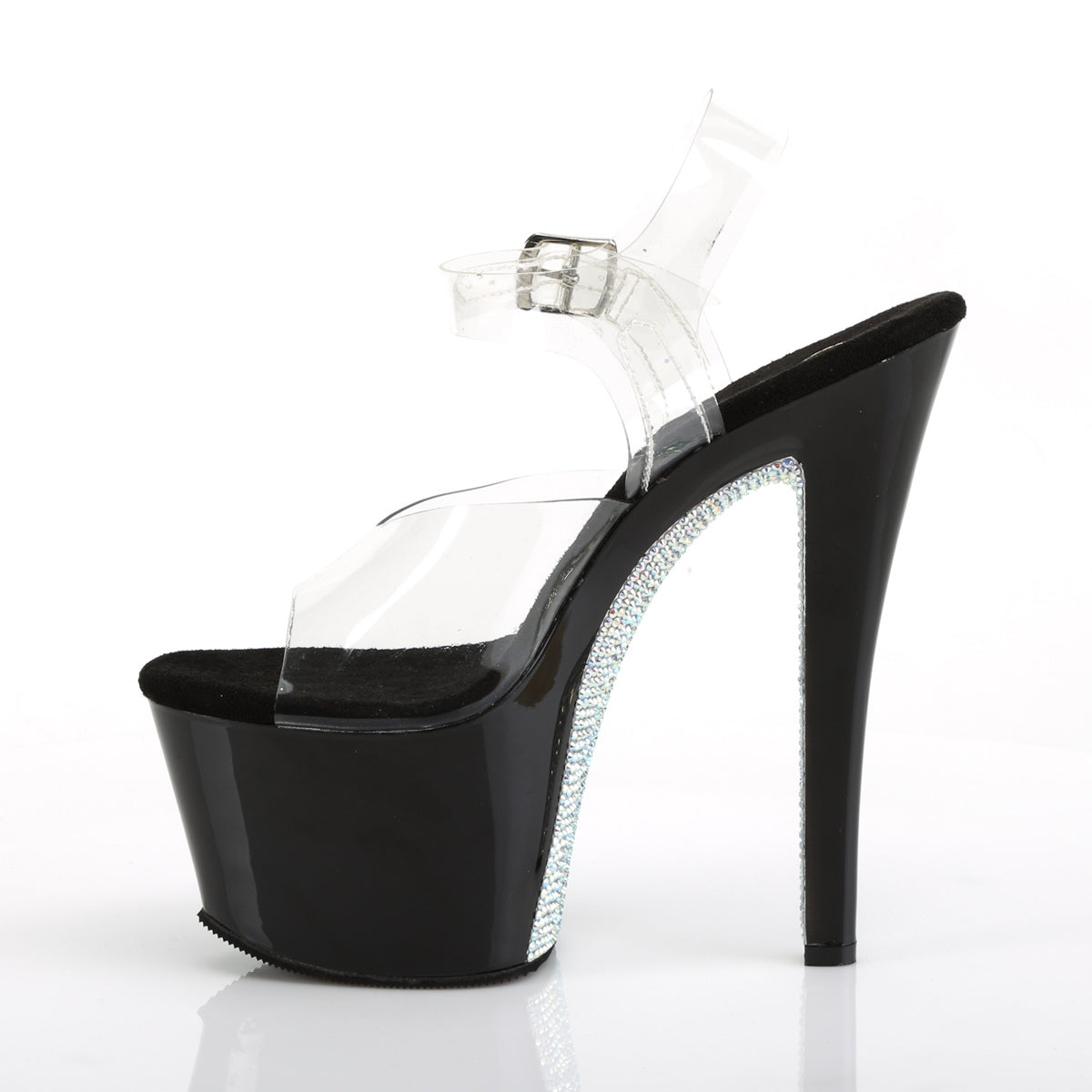 7" Spike Heel Black/Clear Rhinestone Platform Ankle Strap Sandals