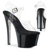 7" Spike Heel Black/Clear Rhinestone Platform Ankle Strap Sandals