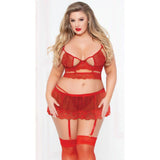 Flocked Heart Mesh and Lace Three Piece Set - Curvy