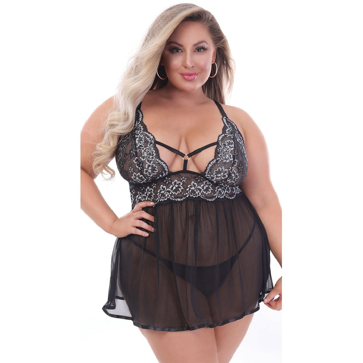 Contrast Lace Open Back Babydoll Set - Curvy