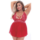 Contrast Lace Open Back Babydoll Set - Curvy