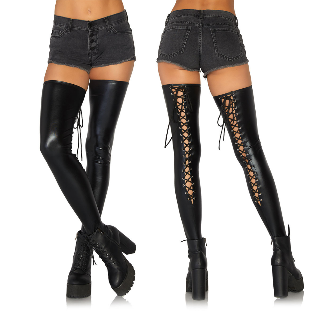 Wet Look Footless Lace-Up Thigh Highs