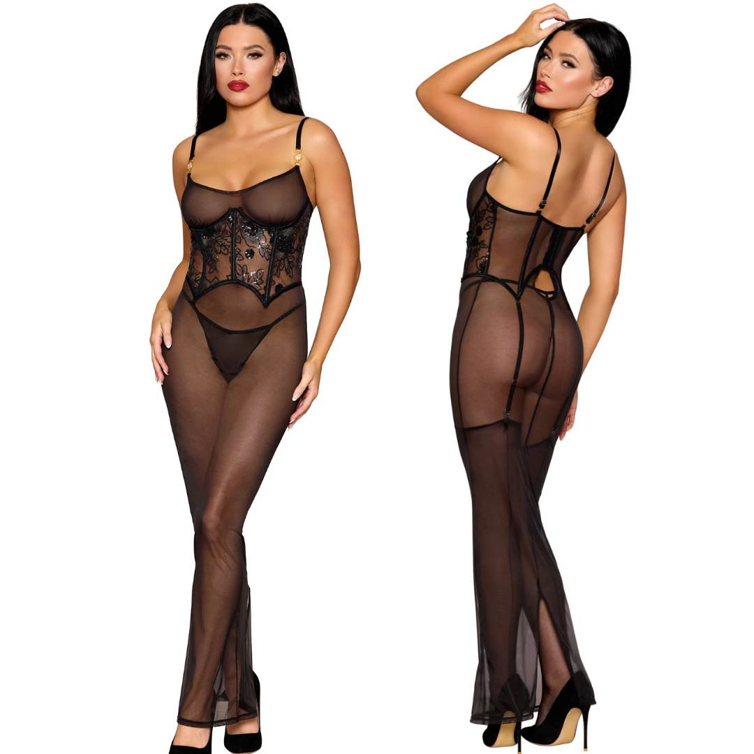 Sheer Stretch Mesh Gartered Corset Gown