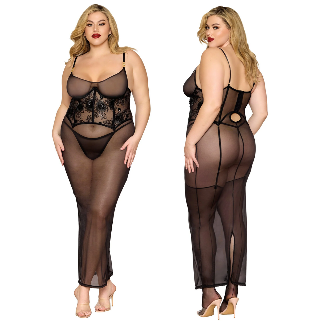 Sheer Stretch Mesh Gartered Corset Gown - Curvy