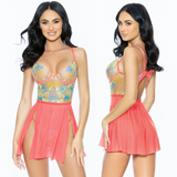 Coral Embroidered Flyaway Babydoll Set