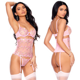 Sweet Pink Floral Embroidered Waist Cincher Three Piece Set