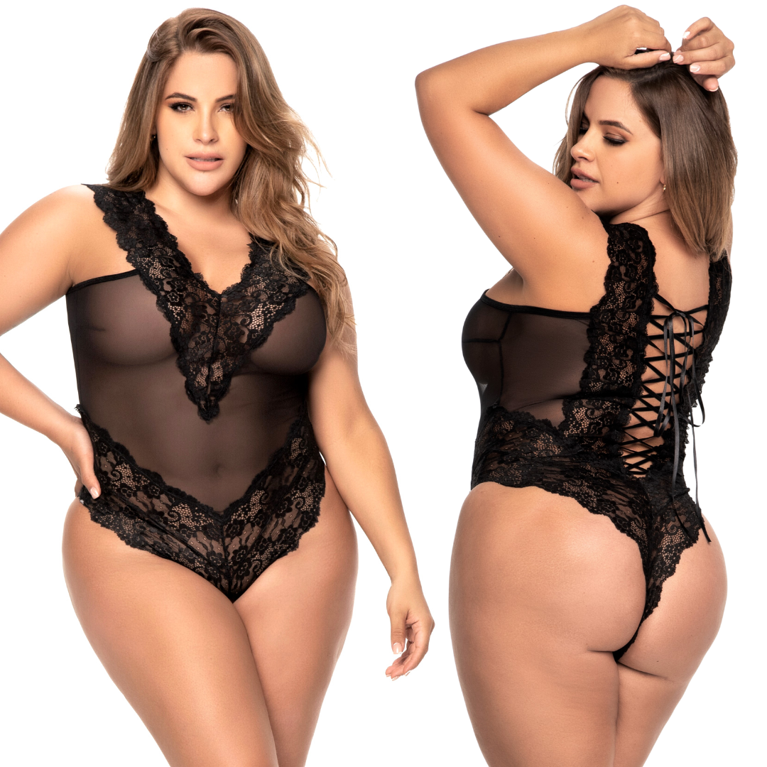 Criss-Cross Back Sheer Lace and Mesh Teddy - Curvy